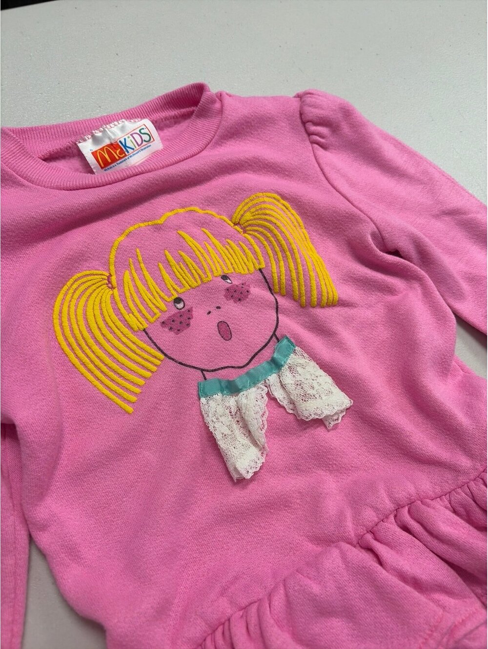 Vintage McKids Girls Size 6 Pink Sweatshirt Dress Embroidered Pigtail Girl USA